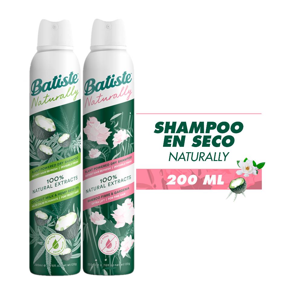 Pak x3 Batiste Shampoo en Seco 1 Bamboo Fibre & Gardenia + 2 Hemp & Coconut Milk 200ml c/u